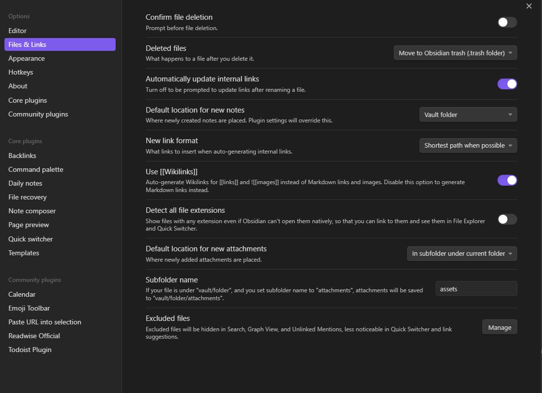 Obsidian settings